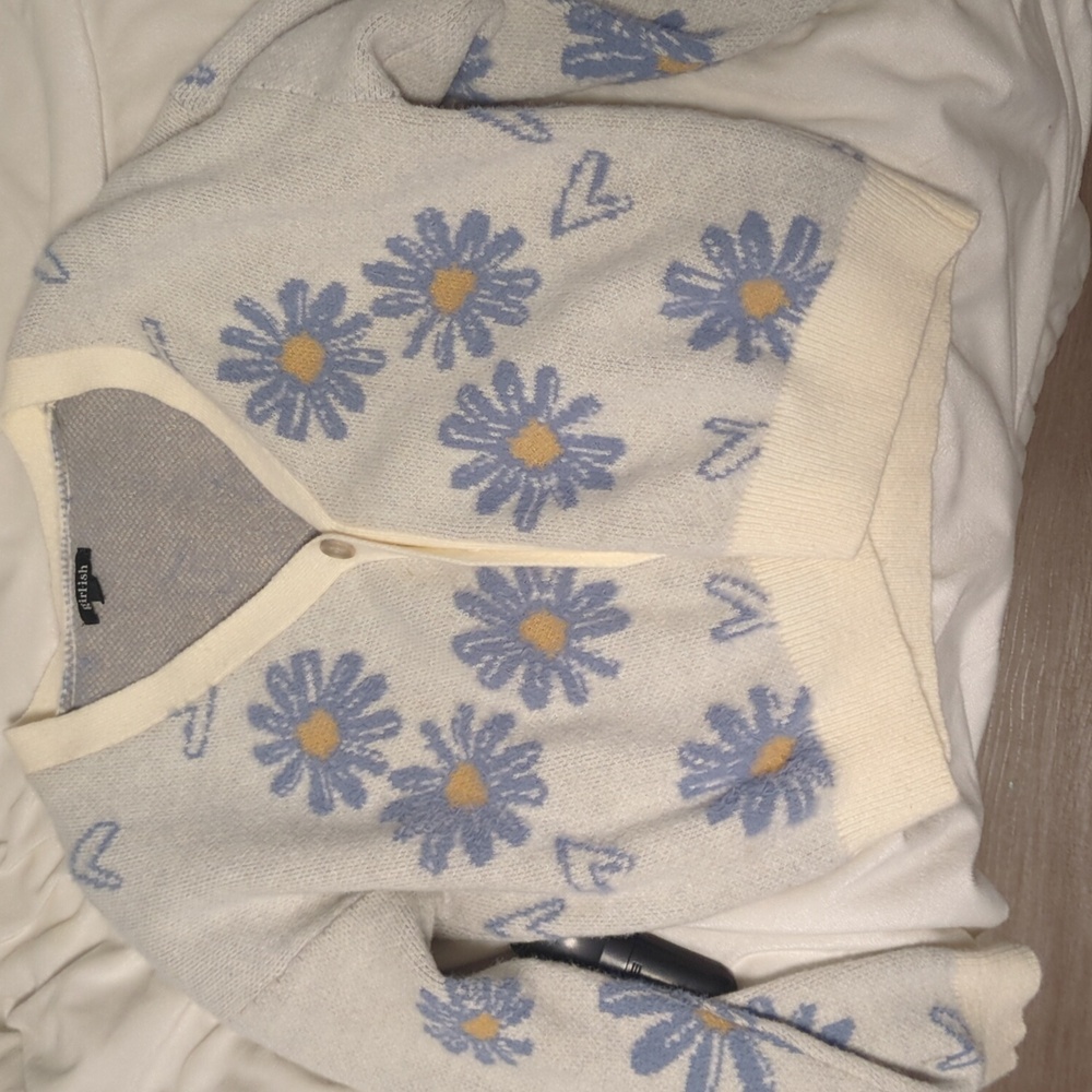 Girlish Oversized Floral Daisy Cardigan  Blue Fuzzy Novelty Retro Knit Sweater L - Picture 9 of 11